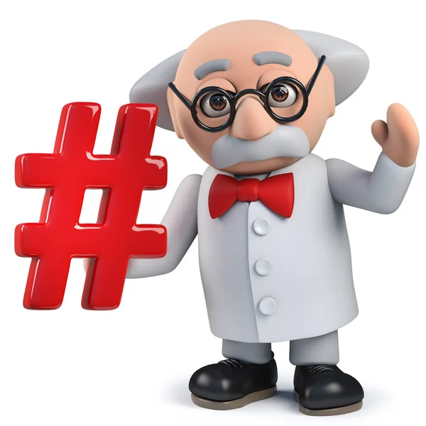 3D Mad naukowiec posiadający symbol hash tag hashtag — Zdjęcie stockowe