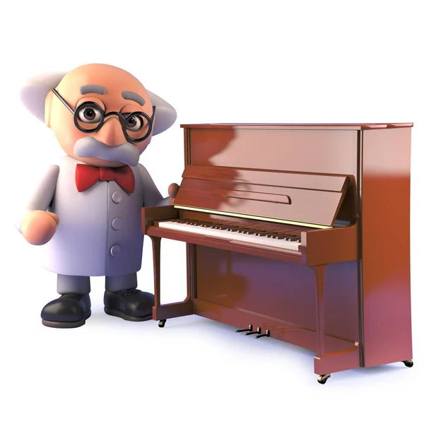 3d cartoon mad scientist character standing by an upright piano