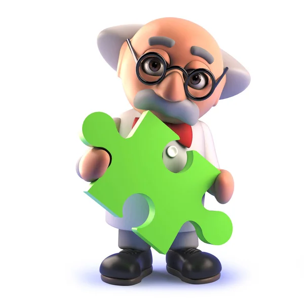 Мультфільм 3d божевільний вчений персонаж тримає шматок головоломки — стокове фото