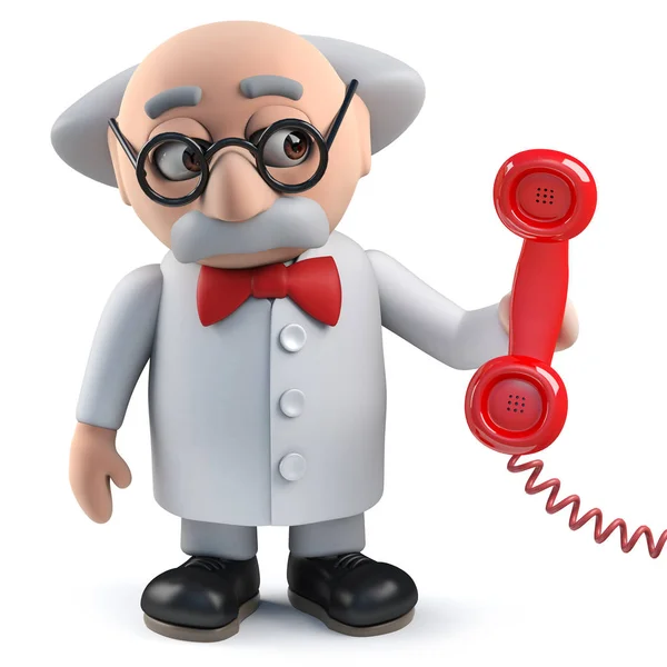 電話に応答する3D狂った科学者のキャラクター — ストック写真