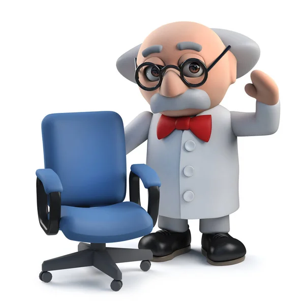 3D의 빈 사무실 의자 옆에 서있는 미친 과학자 캐릭터 — 스톡 사진