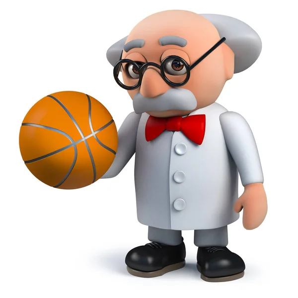 Pazzo scienziato professore personaggio in possesso di un pallone da basket in 3d — Foto Stock