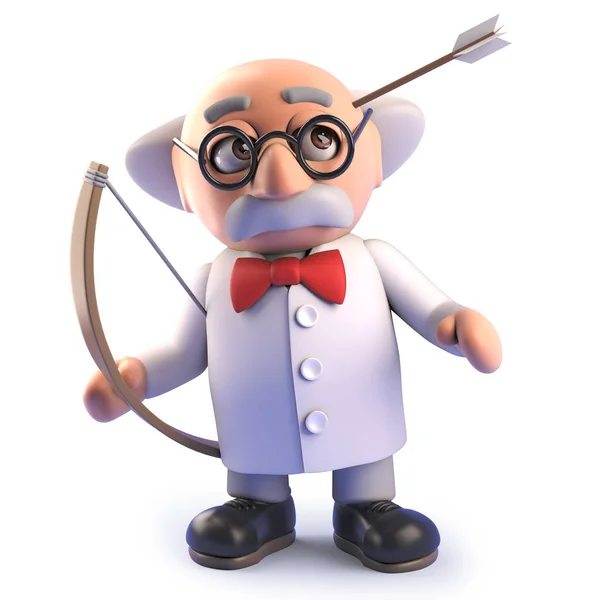 Cartoon Mad Scientist heeft een pijl in zijn hoofd, 3D illustratie — Stockfoto