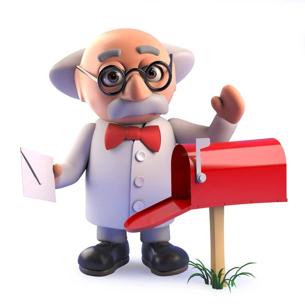 3d crazy mad professor scientist takes mail from his mail box