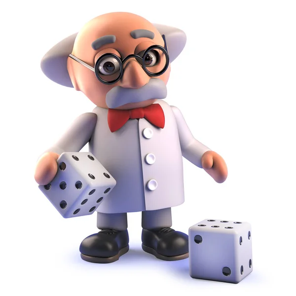 Καρτούν τρελός επιστήμονας καθηγητής χαρακτήρας σε 3D παίζοντας με ζάρια — Φωτογραφία Αρχείου
