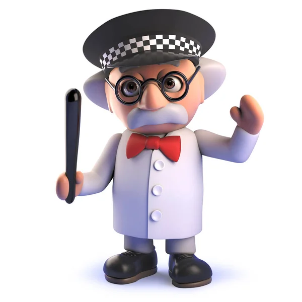 Cartoon 3d mad scientist character wearing a police helmet and holding a truncheon