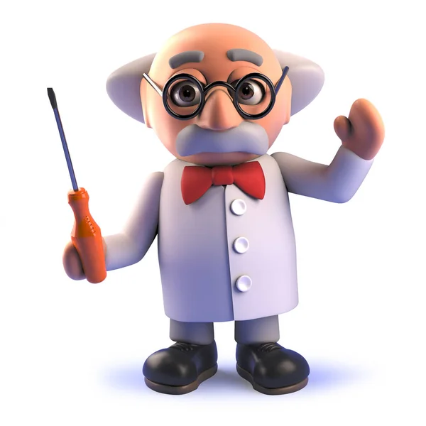 Szalony kreskówka profesor Szalony naukowiec w 3D trzymając narzędzie śrubokręt — Zdjęcie stockowe