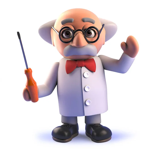 Gekke cartoon gekke wetenschapper Professor in 3D met een schroevendraaier tool — Stockfoto