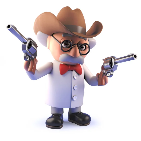 Mad scientist cartoon professor in 3d wearing a cowboy stetson hat and holding pistols — Stock Photo, Image