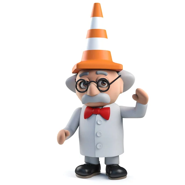 3d mad scientist with a traffic cone on his head