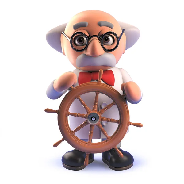 Мультфільм 3d божевільний вчений професор управління з корабельним колесом — стокове фото