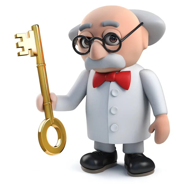 3d cientista louco personagem segurando uma chave de ouro — Fotografia de Stock