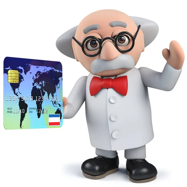 3D Mad vetenskapsman karaktär innehar ett kreditkort — Stockfoto