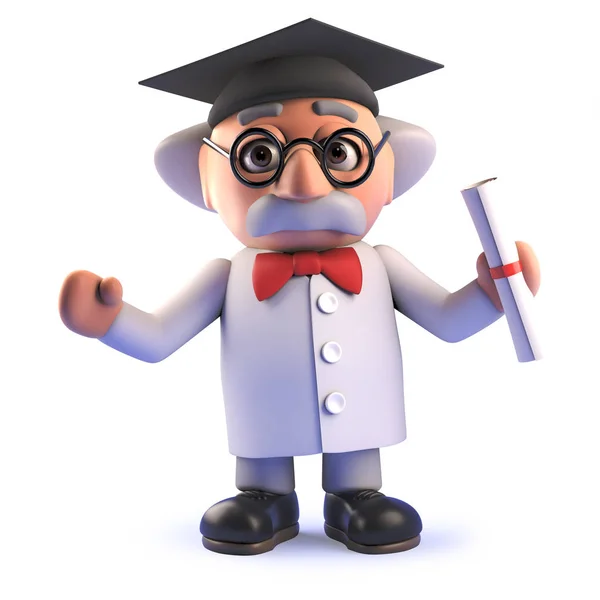Personagem cientista louco em 3d vestindo uma placa de argamassa e segurando um diploma — Fotografia de Stock