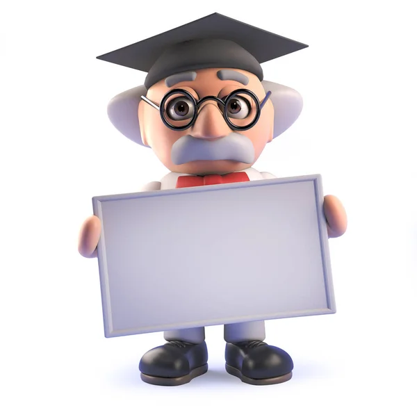 Crazy mad professor scientist wearing a mortar board and holding a blank sign in 3d — Stock Photo, Image