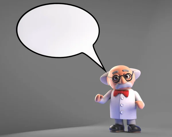 Hören Sie zu, was der verrückte Wissenschaftler in seiner Sprechblase zu sagen hat, 3D-Illustration — Stockfoto