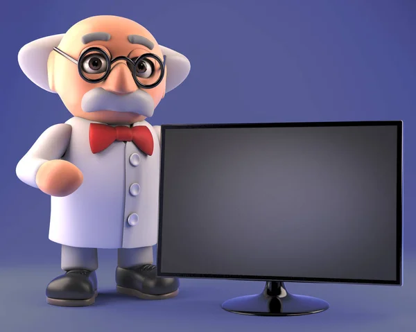 Mad scientist takes delivery of a new HD flatscreen television monitor, 3d illustration