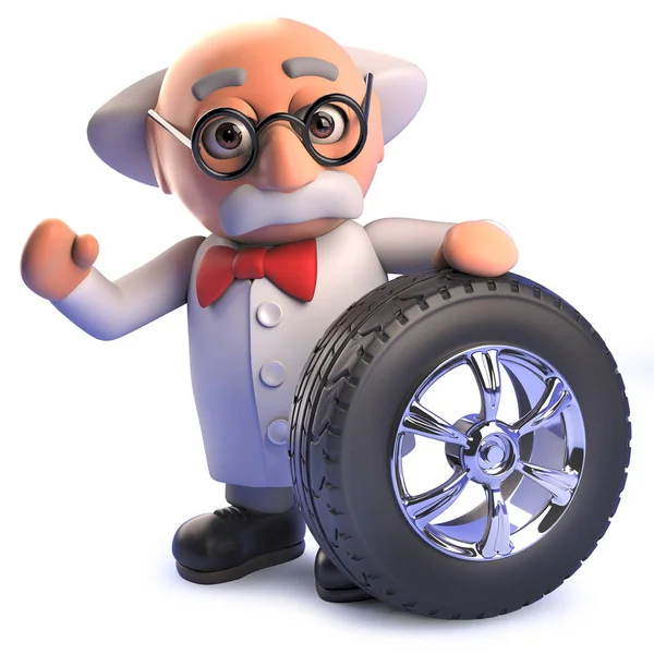 Lastik ve krom jant ile bir araba tekerleği ile 3d karikatür deli bilim adamı karakteri — Stok fotoğraf
