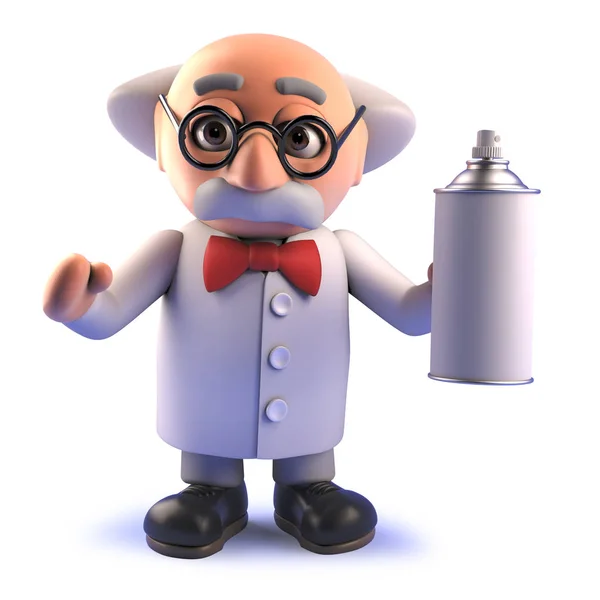 Божевільний вчений мультиплікаційний персонаж в 3d тримає аерозольний спрей — стокове фото