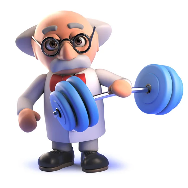 Cartoon Mad Scientist in 3D niet het realiseren van zijn eigen kracht Gewichtheffen — Stockfoto