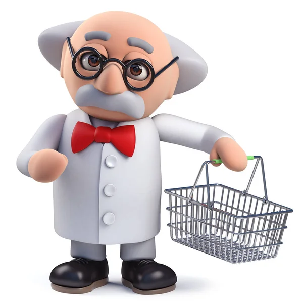 3d Científico personaje sosteniendo una cesta de la compra —  Fotos de Stock
