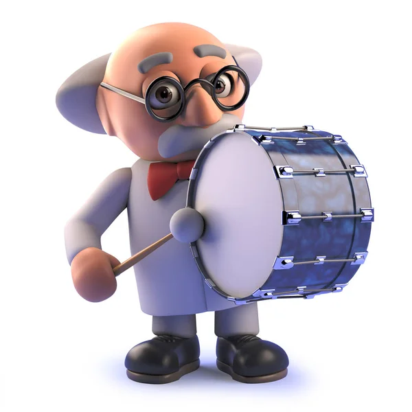 Mad scientist professor character playing a bass drum in 3d — Stock Photo, Image