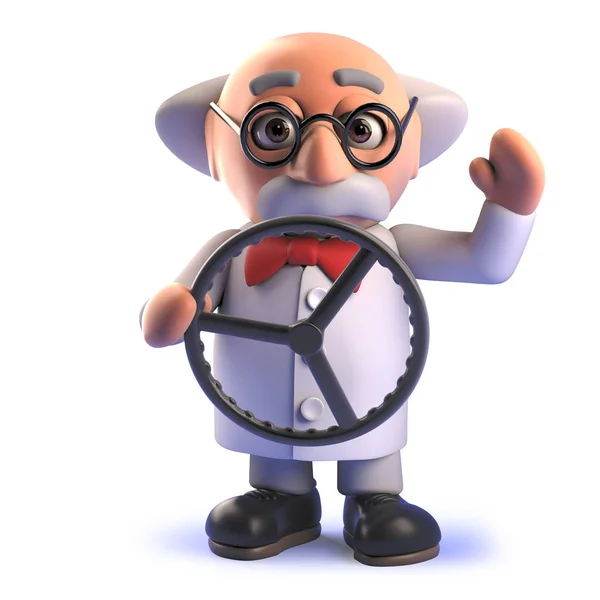 3d mad scientist cartoon character with a steering wheel