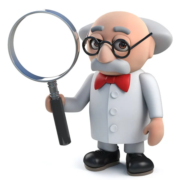 3d mad scientist character holding a magnifying glass — Stock Photo, Image