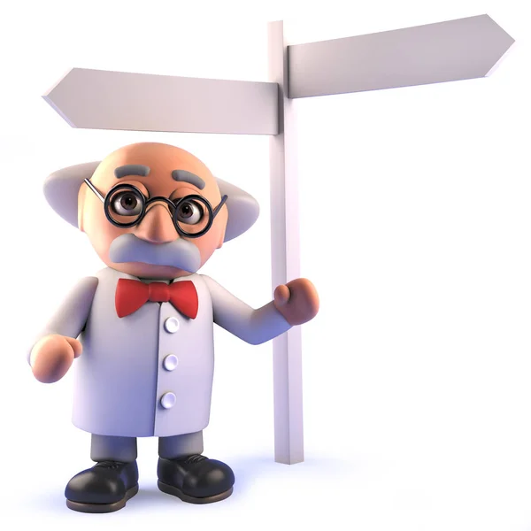 3d cartoon mad scientist standing next to a sign post