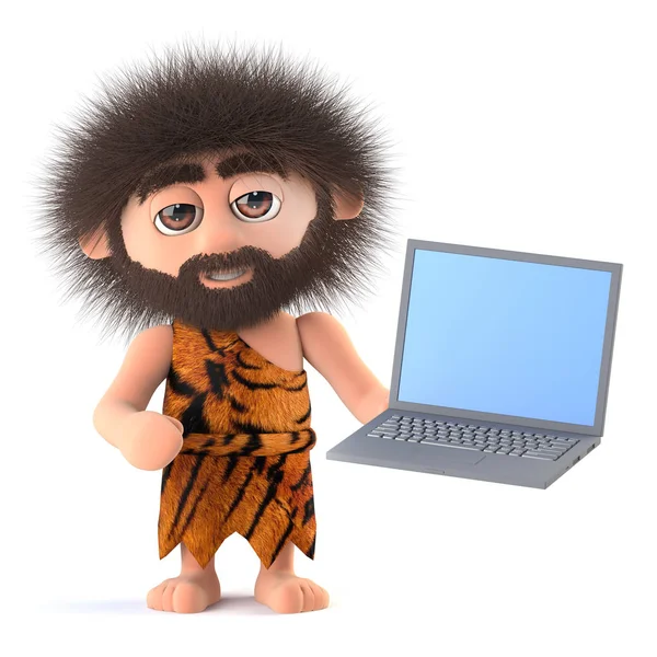 3d Komik karikatür ilkel caveman karakter bir dizüstü bilgisayar tutar — Stok fotoğraf