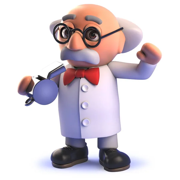 3d cartoon mad scientist professor blows the whistle