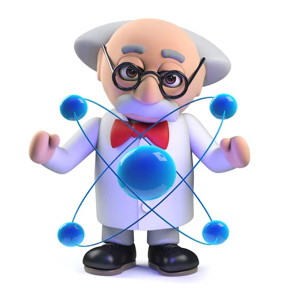 3D Mad Scientist professor karakter studeren een atoom — Stockfoto