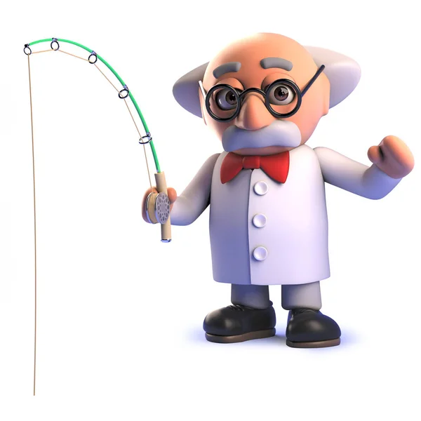 3D τρελός επιστήμονας καθηγητής αλιείας χαρακτήρα με μια ράβδο — Φωτογραφία Αρχείου