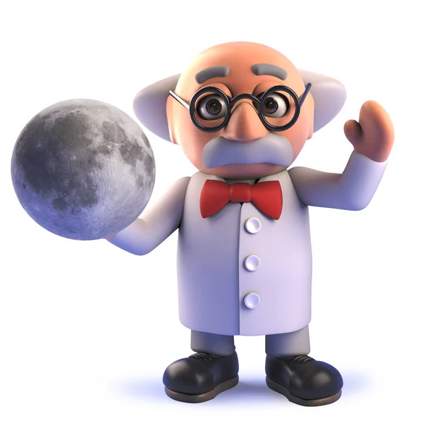 Mad Scientist cartoon in 3D houden van een model van de maan — Stockfoto