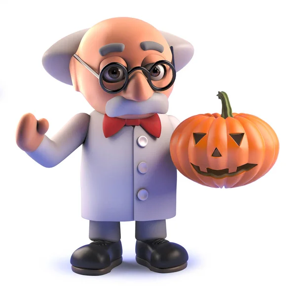 3d crazy mad scientist character holding a Halloween pumpkin
