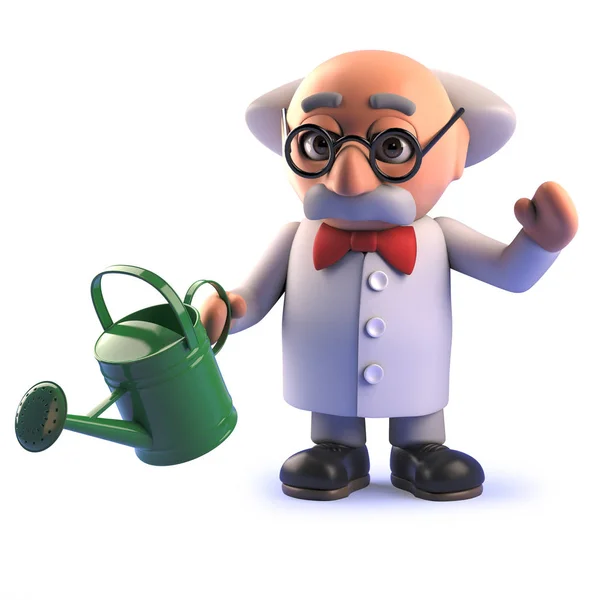 Cartoon 3d mad scientist gardener character watering his plants