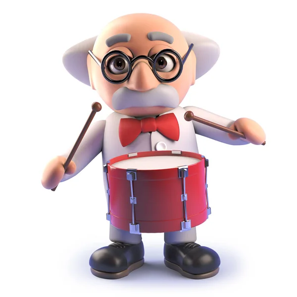 3D Szalony naukowiec charakter jest fajny perkusista — Zdjęcie stockowe