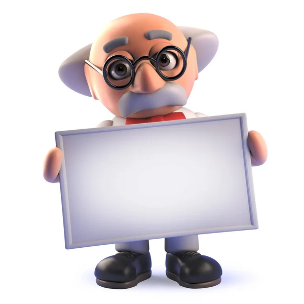Cartoon Mad naukowiec postać profesora w 3D trzyma pusty baner — Zdjęcie stockowe