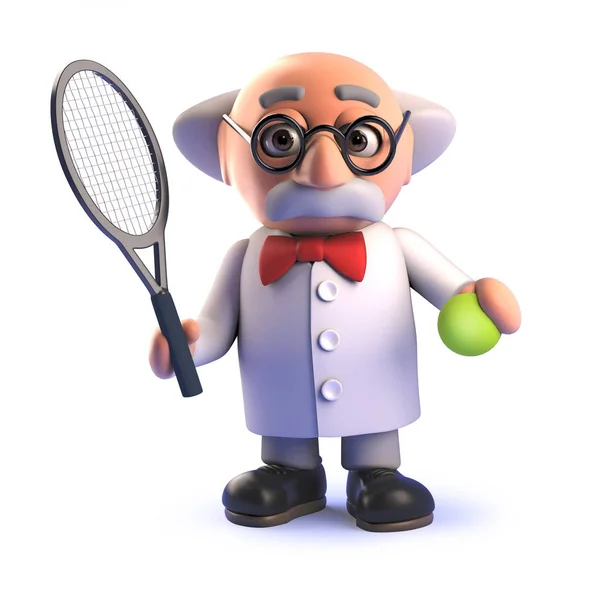 Cartoon 3d mad scientist character playing tennis