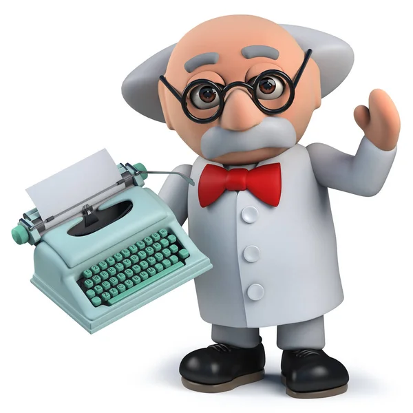 Crazy mad scientist holding an old retro typewriter in 3d