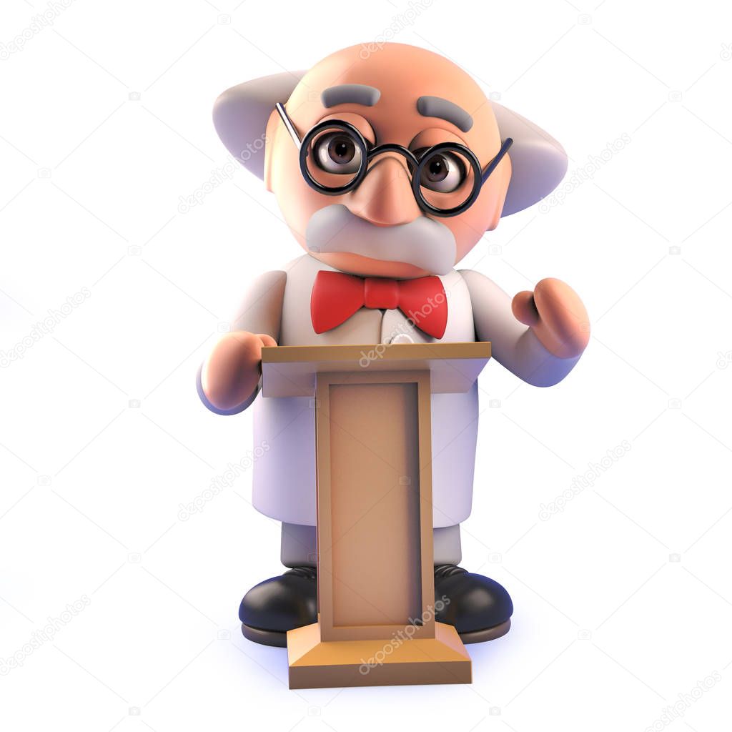 Mad scientist character speaking at a lectern in 3d
