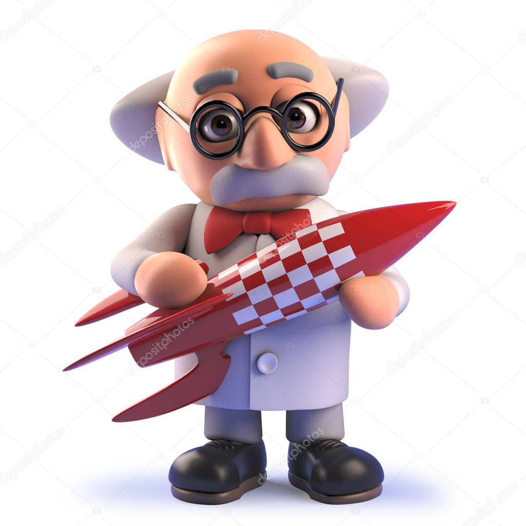Cartoon crazy mad scientist character in 3d holding a retro spaceship rocket
