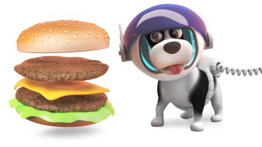 Uzay giysisi saat peynir burger aç köpek köpeği kendini birleştirmek, 3D illüstrasyon