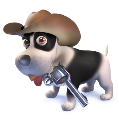 tabanca ile bir kovboy olarak giyinmiş 3D karikatür komik köpek köpeği