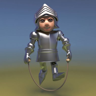 Bir atlama ipi ile atlama zırh Kahraman ortaçağ şövalye, 3d illüstrasyon