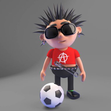 Karikatür punk rocker bir futbol, 3d illüstrasyon tekme