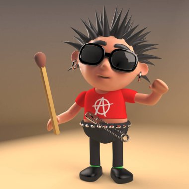 Crazy punk rocker çizgi film karakteri ışıksız bir maç tutan, 3d illüstrasyon