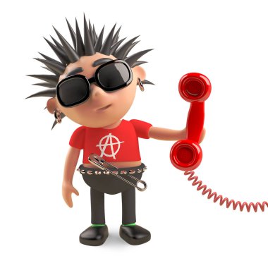 Anti sosyal punk rocker ansrwers telefon begrudgingly, 3d illüstrasyon