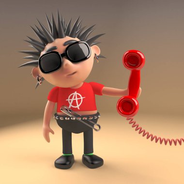 Iyi bağlı punk rocker cevaplar telefon, 3d illüstrasyon