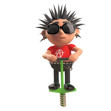 Bouncing punk rocker transports himself on a pogo stick, 3d illustration clipart
